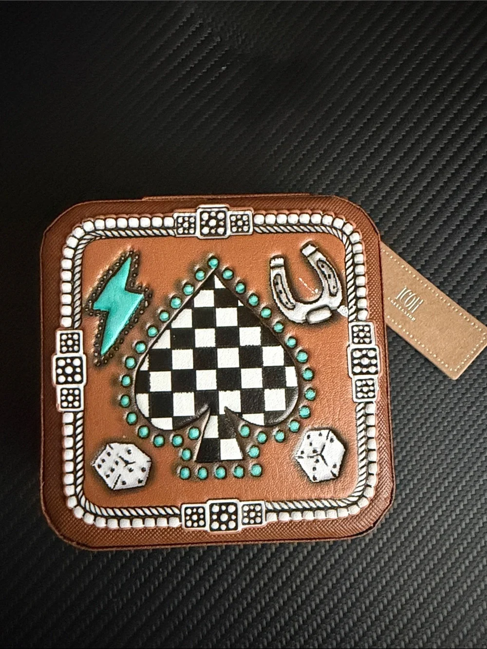 Brown Faux Leather Mini Jewelry Box with Turquoise Studs and Checker Spade Desig